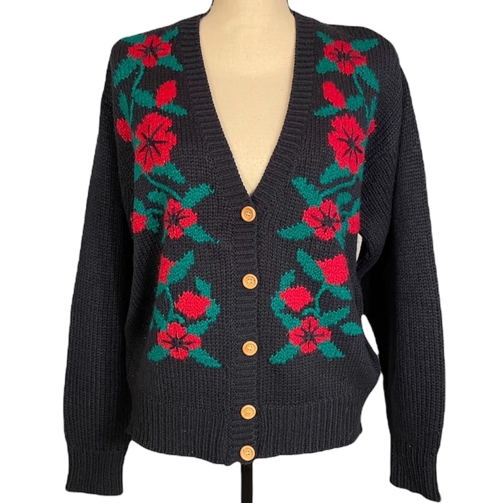 Vintage Bryn Connelly Wool Blend Chunky Knit Floral Cardigan Sweater Size L